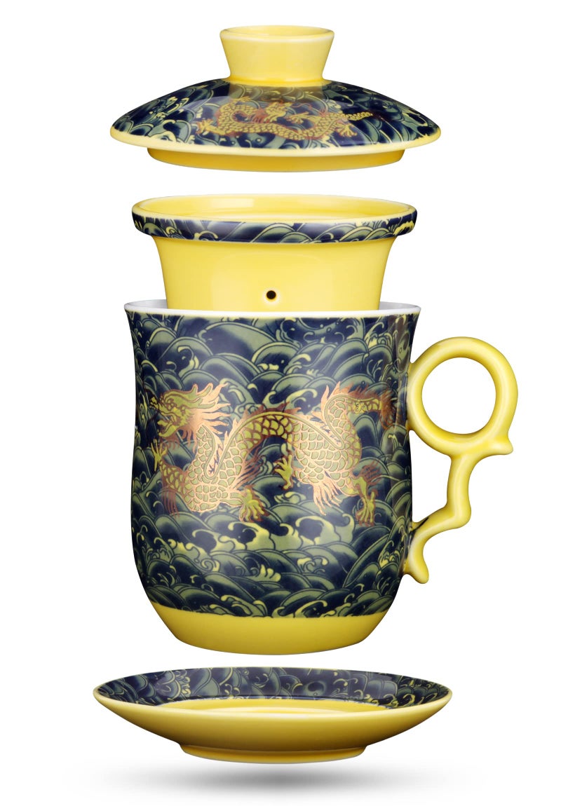 YURROAD Chinese Dragon Pattern Tea-Mug with Strainer Infuser and Lid and Saucer Ceramic Tea Mug Convenient System Chinese Porcelain Personal Tea Cup 13.5oz(400ml) - DARK GREEN TC400 - Image 1